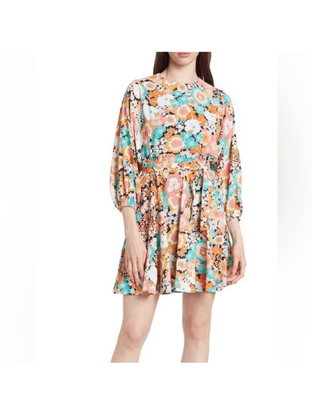 MELLODAY Floral Tie-Waist Mini Dress in Peach and Aqua